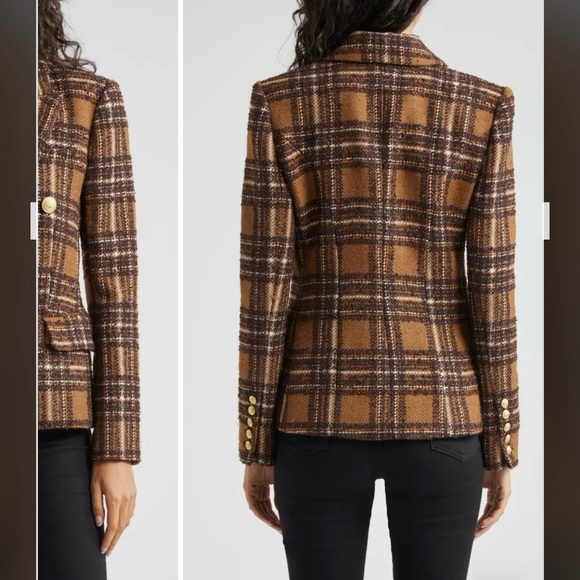 L'AGENCE Kenzie Plaid Tweed Double-Breasted Blazer in Brown / Gold Size 6 - Picture 6 of 15